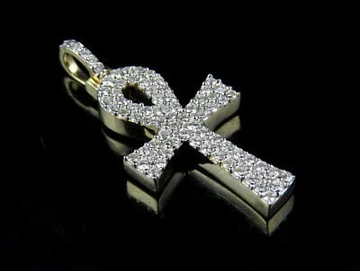 Pre-owned Jewelry Unlimited Men's 10k Yellow Gold Solid Ankh Cross Genuine Diamond Pendant 0.4 Ct 1"