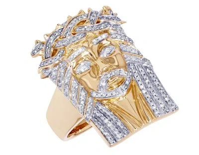 Pre-owned Jewelry Unlimited Men's Jesus Head Real Diamond Pinky Ring 1/2 Ct 10k Yellow Gold 17mm In White