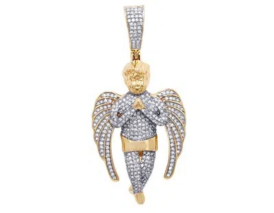 Pre-owned Jewelry Unlimited Men's Praying Angel Real Diamond Pendant 1 3/10 Ct 10k Yellow Gold 2" In H-i