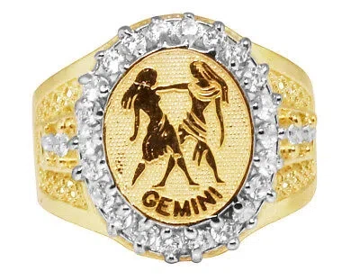 Pre-owned Jewelry Unlimited Men's Real 10k Yellow Gold Lab Diamond Gemini Twins Zodiac Designer Pinky Ring
