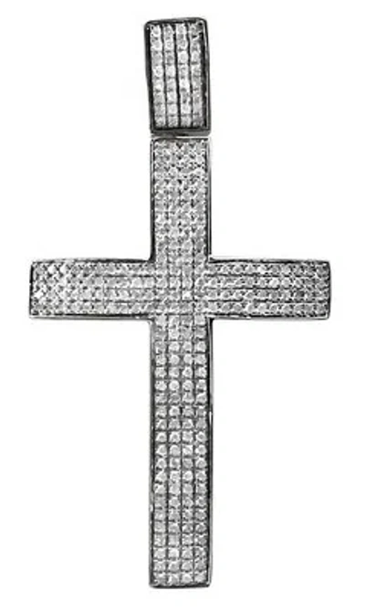 Pre-owned Jewelry Unlimited Mens 10k White Gold Puff Pave Genuine Diamond Cross Charm Pendant 2.5" 3/4 Ct In H-i