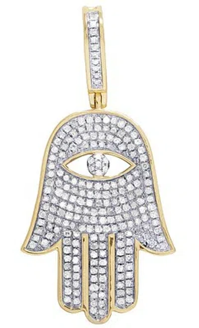 Pre-owned Jewelry Unlimited Mens 10k Yellow Gold Hamsa Evil Eye Hand Real Diamond Charm Pendant 0.35ct 1.5"