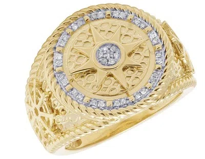 Pre-owned Jewelry Unlimited Mens 10k Yellow Gold Round Nautical Pirate Compass Real Diamond Pinky Ring 1/5ct In H-i