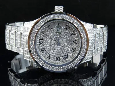 Pre-owned Jewelry Unlimited Mens  White Gold Steel Simulated Lab Diamond Watch 45mm Dj-02