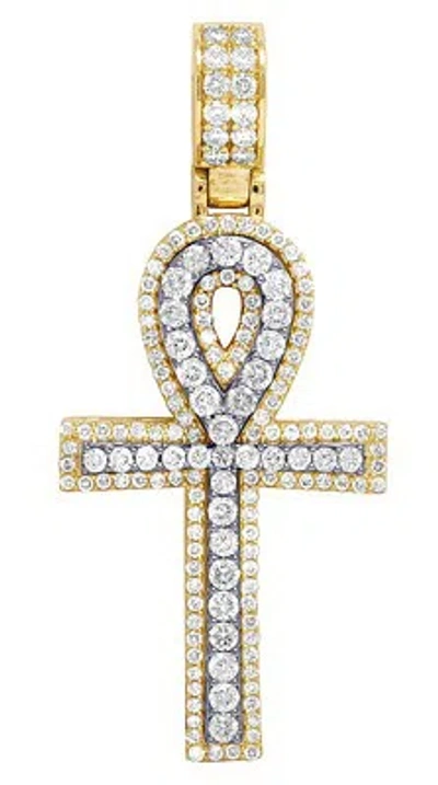 Pre-owned Jewelry Unlimited Mens Real Diamond Egyptian Ankh Cross Pendant 10k 2 Tone Gold Charm 2" 2 1/5 Ct