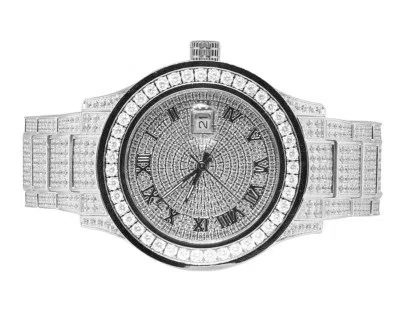 Pre-owned Jewelry Unlimited Mens White Gold Plated Steel  45mm Simulated Diamond Watch