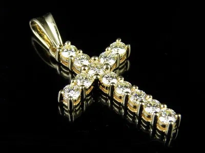 Pre-owned Jewelry Unlimited Real 10k Yellow Gold Genuine Solitaire Diamonds One Row Cross Pendant 1 Ct 1.25"