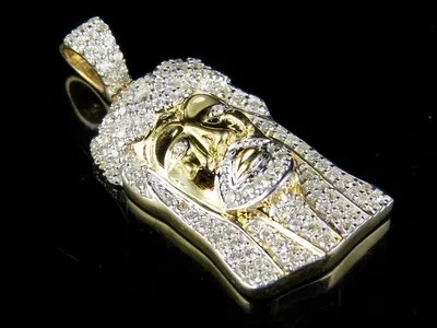 Pre-owned Jewelry Unlimited Solid 10k Yellow Gold Genuine Diamond Jesus Face Pendant Charm 1/2 Ct 1.2"