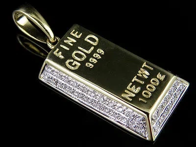 Pre-owned Jewelry Unlimited Solid 10k Yellow Gold Real Diamond Miniature Gold Brick Bar Pendant 1/5 Ct 1.2" In H-i