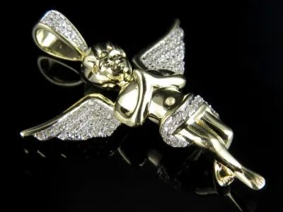 Pre-owned Jewelry Unlimited Solid 10k Yellow Gold Real Diamonds Men's Angel Cherub Pendant Charm 0.33ct 1.5" In H-i