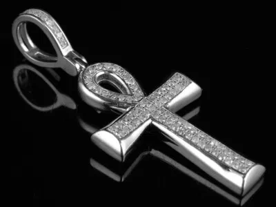 Pre-owned Jewelry Unlimited Unisex 10k White Gold Micro Pave Real Diamond Ankh Cross Pendant Charm 0.33ct In H-i