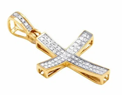 Pre-owned Jewelry Unlimited Unisex 10k Yellow Gold Genuine Diamond Two Row Pave Pendant Cross 0.2 Ct 1.2" In H-i