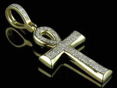 Pre-owned Jewelry Unlimited Unisex 10k Yellow Gold Micro Pave Real Diamond Ankh Cross Pendant Charm 0.33ct In H-i