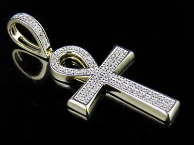 Pre-owned Jewelry Unlimited Unisex 10k Yellow Gold Pave Genuine Diamond Ankh Cross Pendant Charm 1/5ct 1.4" In H-i