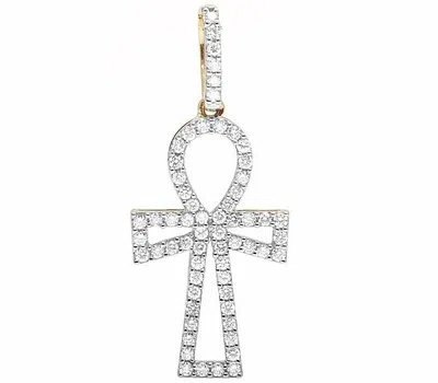 Pre-owned Jewelry Unlimited Unisex 10k Yellow Gold Real Diamond Flared Border Ankh Cross Pendant 0.6ct 1.33"