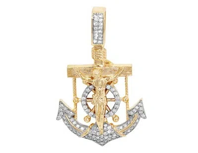 Pre-owned Jewelry Unlimited Unisex Real Diamond Anchor Jesus Pendant 13/20 Ct 10k Yellow Gold 1.6" In H-i
