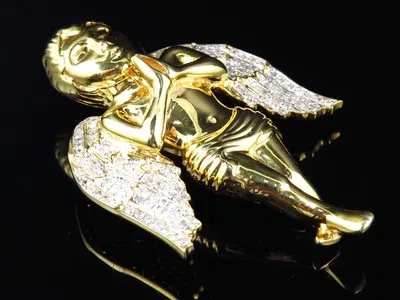 Pre-owned Jewelry Unlimited Yellow Gold Plated Men's 2 Inch Genuine Diamond Angel Slide Pendant Charm 0.8... In Silver