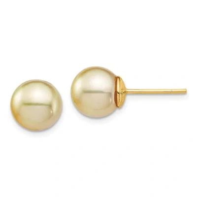 Pre-owned Jewelry Women's Earrings 14k 9-10mm Golden Round Saltwater South Sea Pearl Post