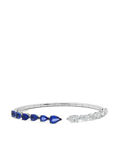 Jewels Aficionado 18k White Gold Diamond And Sapphire Cuff Bracelet In Silver
