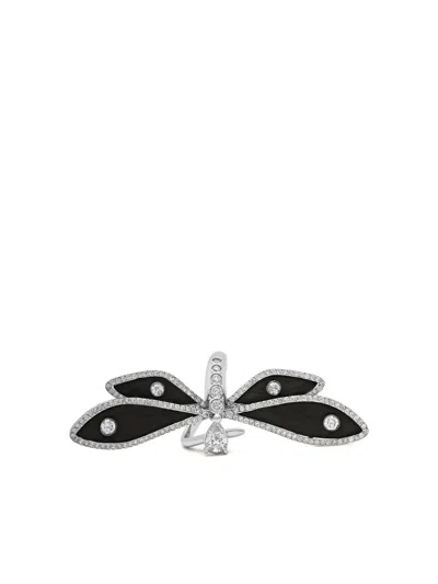 Jewels Aficionado 18k White Gold Diamond Dragonfly Ring In Silver