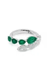 Jewels Aficionado 18kt White Gold Bypass Emerald And Diamond Ring In Silver