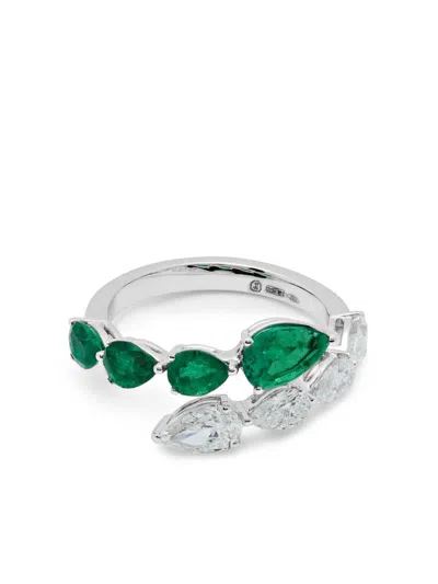 Jewels Aficionado 18kt White Gold Bypass Emerald And Diamond Ring In Silver