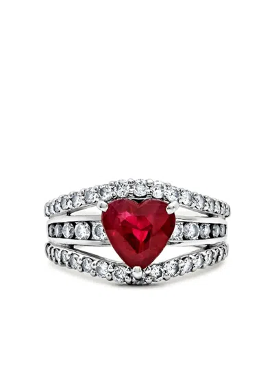 Jewels Aficionado Platinum Heart-shape Diamond And Ruby Ring In Silver