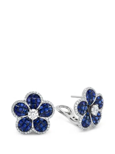 Jewels Aficionado Sapphire And Diamond Flower Earrings In Blue
