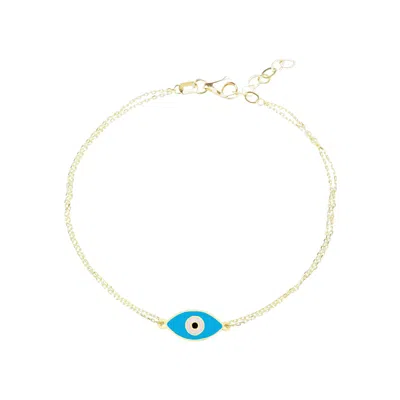 Jewelsty Fine Jewelry Women's Blue / Gold Solid Gold Double Chain Turquoise Evil Eye Bracelet In Multi