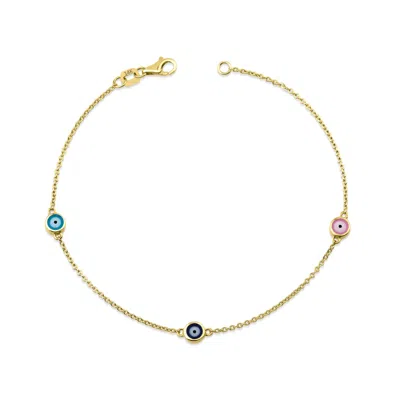 Jewelsty Fine Jewelry Women's Multicolor Evil Eye Bracelet, Solid Gold Three Evil Eye Bracelet, Double Sided Eye Bracelet, In Gray