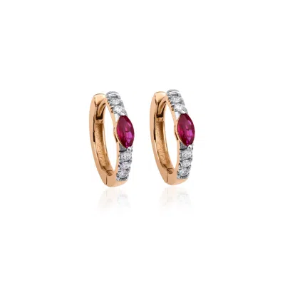 Jewelsty Fine Jewelry Women's Rose Gold Marquise Ruby Hoops With Natural Diamonds, Solid Gold Diamond And Ruby Hoops In Gray