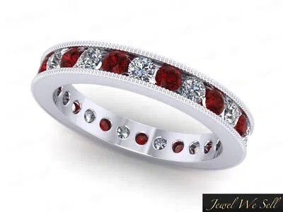 Pre-owned Jewelwesell 2.40ct Round Ruby Diamond Channel Set Milgrain Eternity Band Ring 18k Aaa H Si2