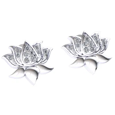 Pre-owned Jewelwesell Genuine 0.15ct Round Cut Diamond Ladies Flower Lotus Earrings Solid 18k Gold In H