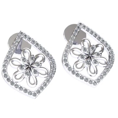 Pre-owned Jewelwesell Genuine 0.2ct Round Cut Diamond Ladies Flower Halo Earrings Solid 14k Gold