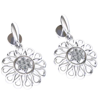 Pre-owned Jewelwesell Natural 0.1ct Round Cut Diamond Ladies Flower Dangle Earrings Solid 14k Gold In H