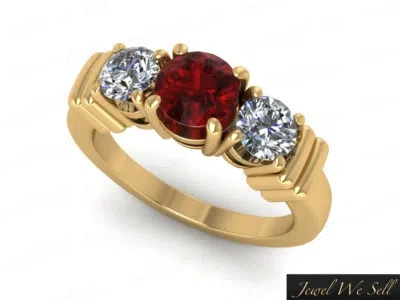 Pre-owned Jewelwesell Natural 1ct Round Ruby Diamond 3stone Engagement Ring 14k Yellow Gold Aa Gh I1 In White