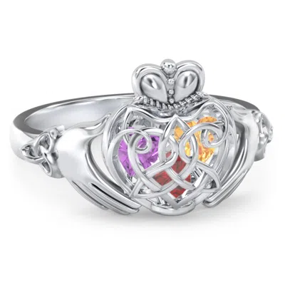 Jewlr Caged Hearts Celtic Claddagh Birthstone Ring In Silver