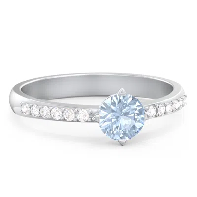 Jewlr Center Round Stone Birthstone Ring With Twin Accent Rows In Silver