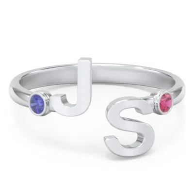 Jewlr Double Initial Open Cuff Ring With Birthstones In Silver