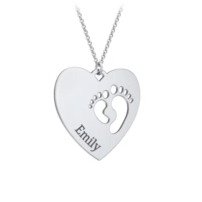 Jewlr Engravable Heart With Baby Feet Cutouts Pendant In Pink