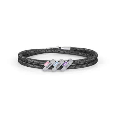 Jewlr Engravable Sterling Silver Bar & Baguette Leather Bracelet - 3 In Black