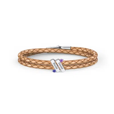 Jewlr Engravable Sterling Silver Diagonal Bar Leather Bracelet With Gemstones In Brown