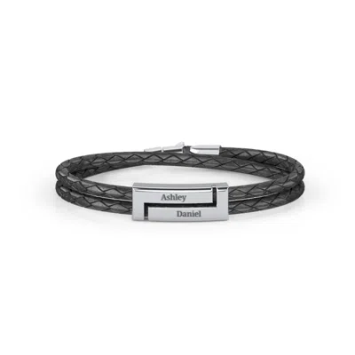 Jewlr Engravable Sterling Silver Rectangle Leather Bracelet In Black