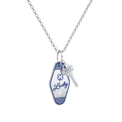 Jewlr Lucky Engravable Retro Keychain Charm Necklace With Accent - Blue