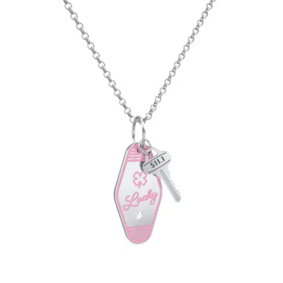 Jewlr Lucky Engravable Retro Keychain Charm Necklace With Accent - Pink In Multi