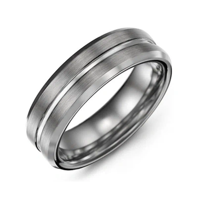 Jewlr Men's Beveled & Grooved Tungsten Couples Ring With Brushed Finish In Metallic