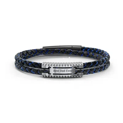 Jewlr Men's Engravable Black Leather & Blue Silk Bracelet With Polished Plate In Multi