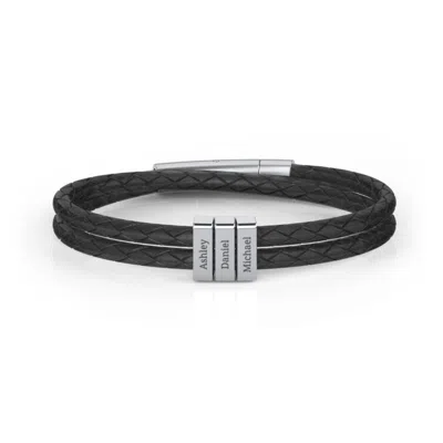 Jewlr Men's Engravable Sterling Silver Vertical 3-bar Leather Bracelet