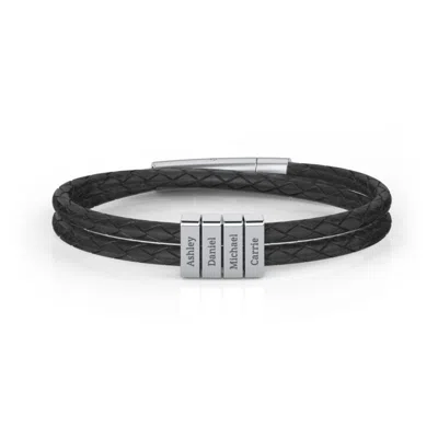 Jewlr Men's Engravable Sterling Silver Vertical 3-bar Leather Bracelet