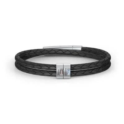 Jewlr Men's Leather Sterling Silver 2 Vertical Bar Bracelet With Gemstones In White